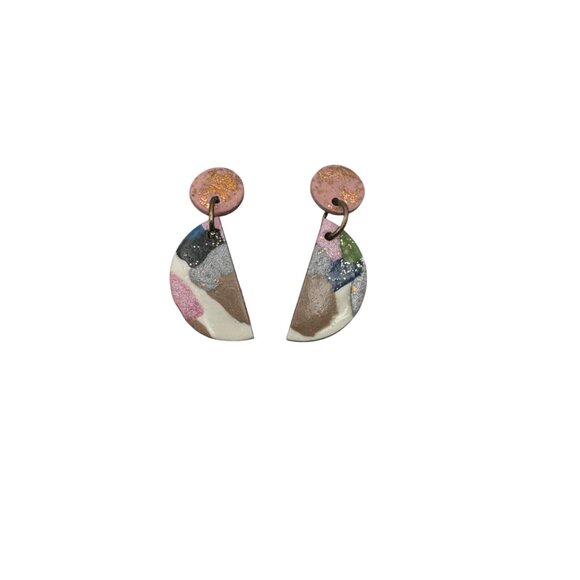 Abstract Multicolor Polymer Clay Drop Earrings Handmade Gold Accent Modern Boho - Picture 2 of 3